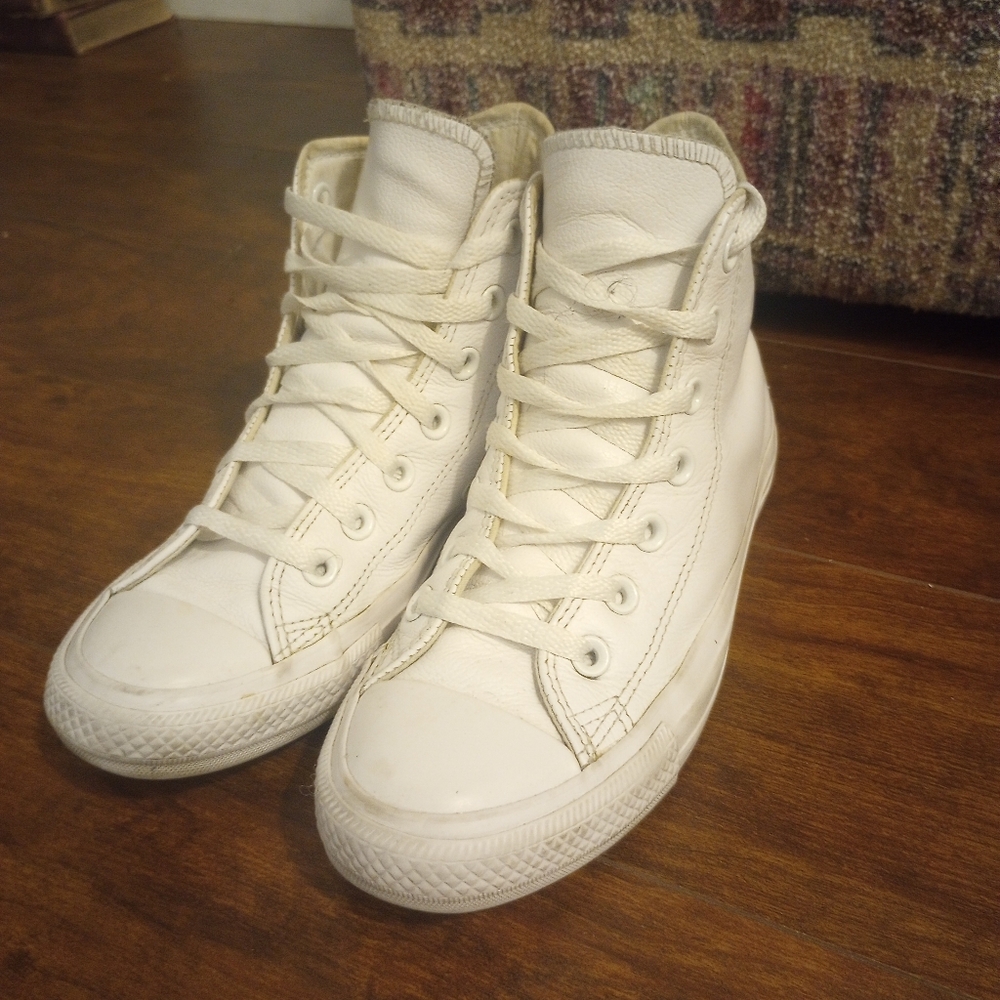 All White Leather Converse All Star High Top Sneakers